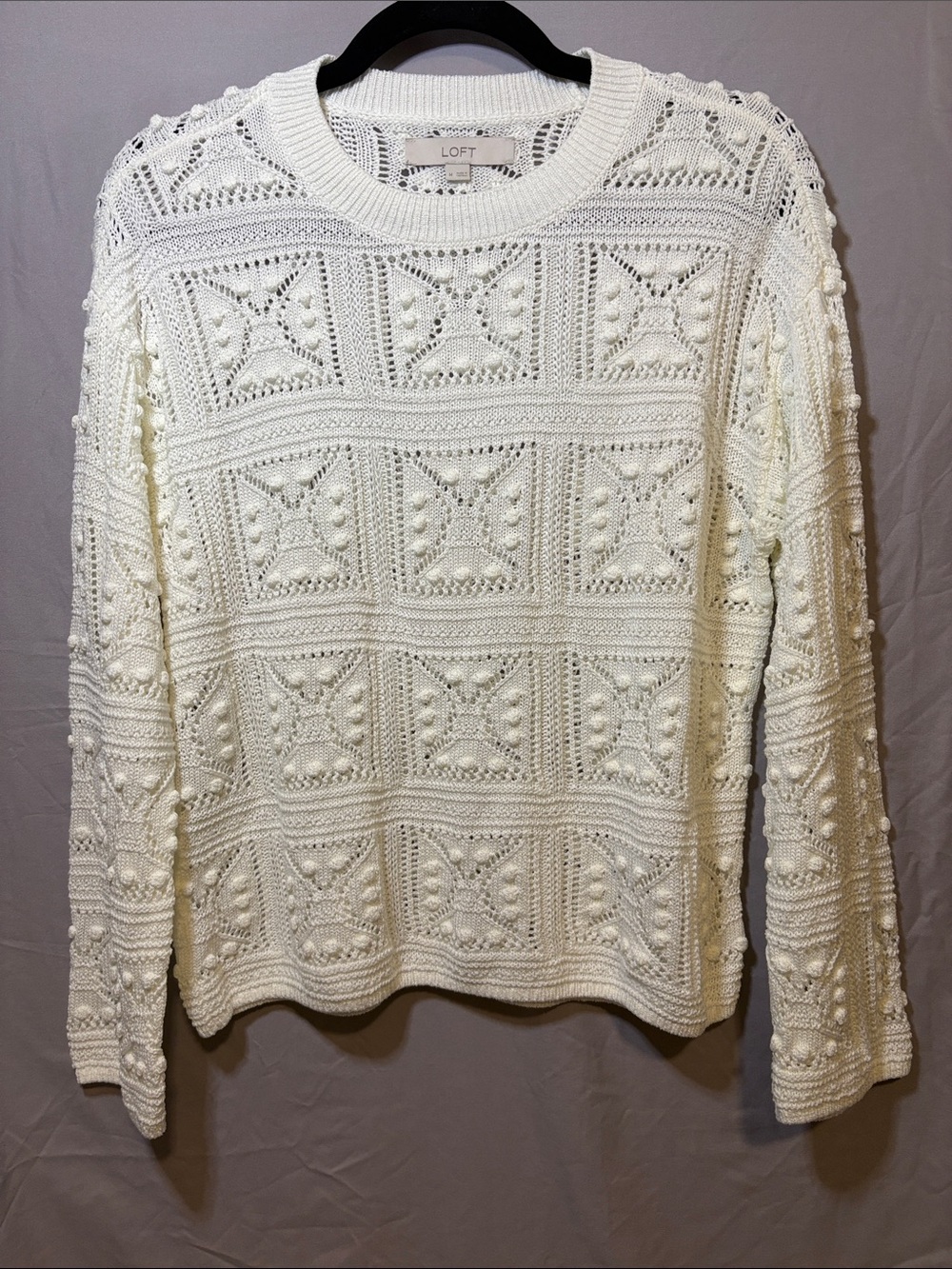 LOFT Ivory Crochet Bobble-Detail Crewneck Sweater